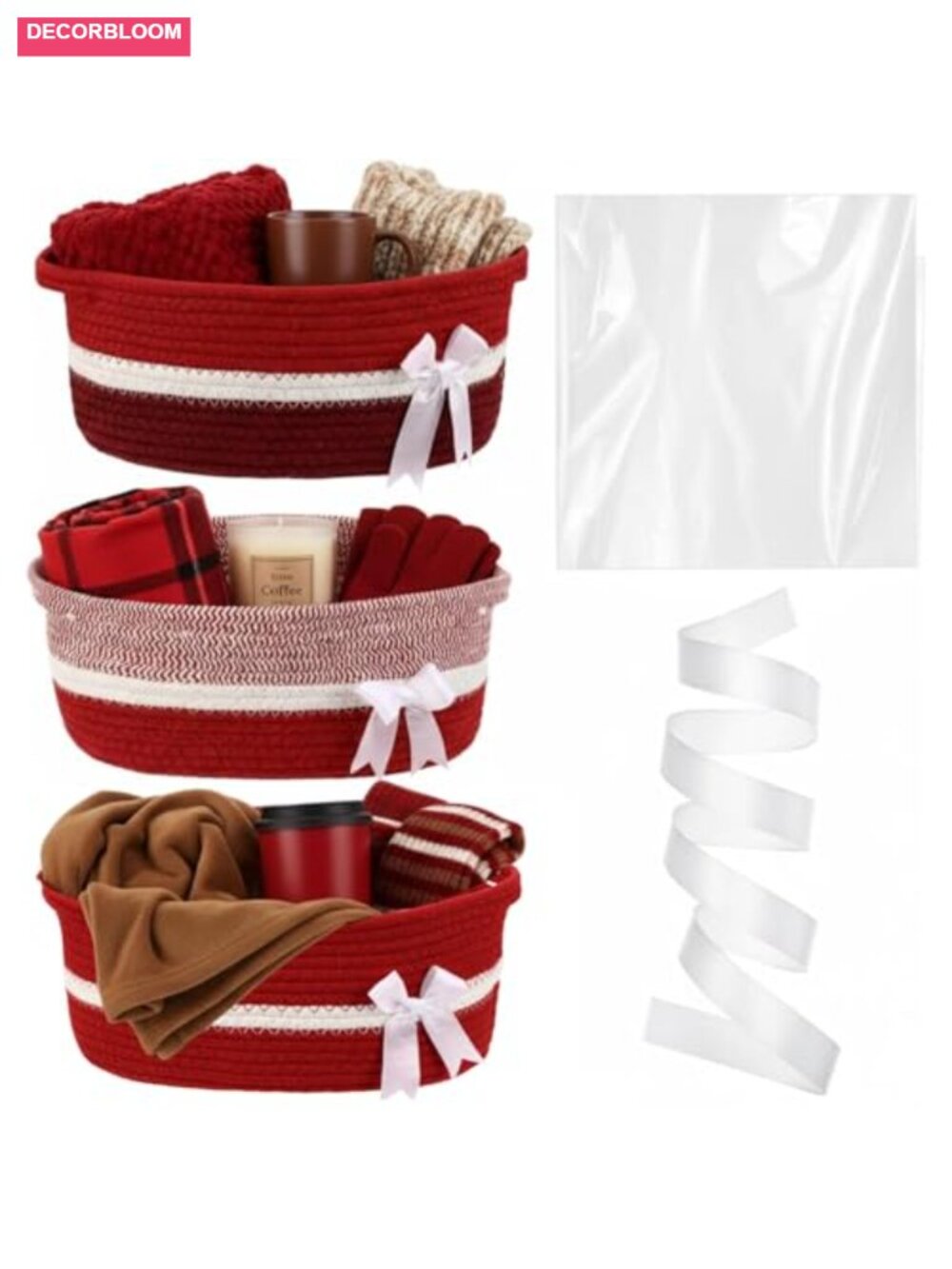 3 Pack Small Woven Empty Gift Baskets with Bows Ribbons